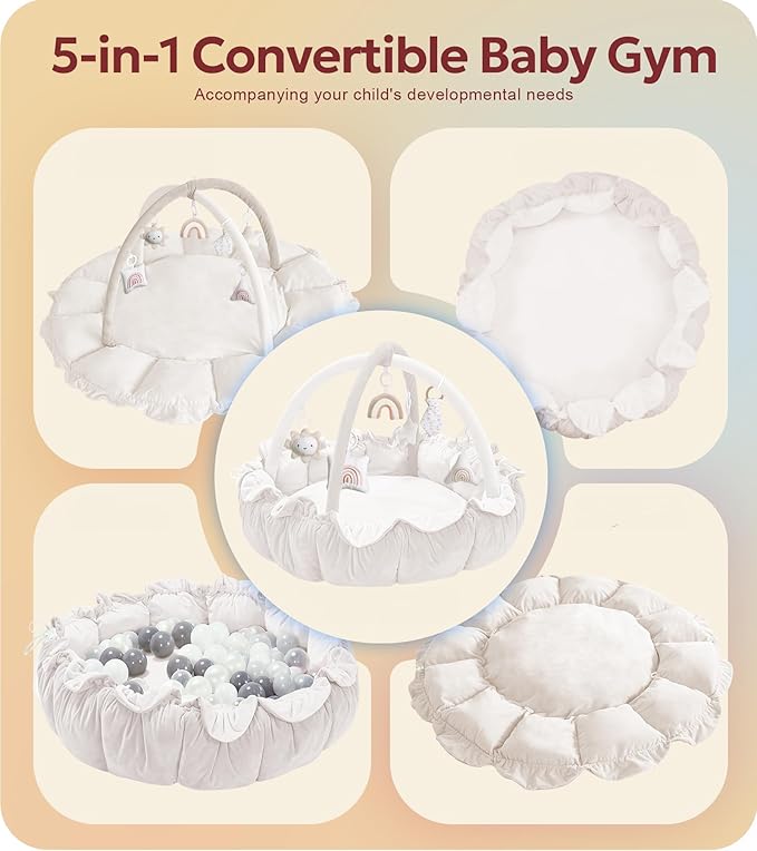 5-in-1 Thick & Plush Baby Play Gym, Baby Play Mats for Floor, Tummy Time Mat with 6 Toys, Convertible Stage-Based Developmental from Babies to Toddlers, Ball Pit, White