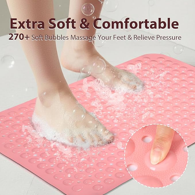 Large Shower Mat 21.5x33.5 Inch Pink, Soft Non Slip Shower Mats for Inside Shower with Big Suction Cups Drain Holes, Extra Large Bath Bathtub Mat Floor Stall Mats, BPA-Free, Easy Clean