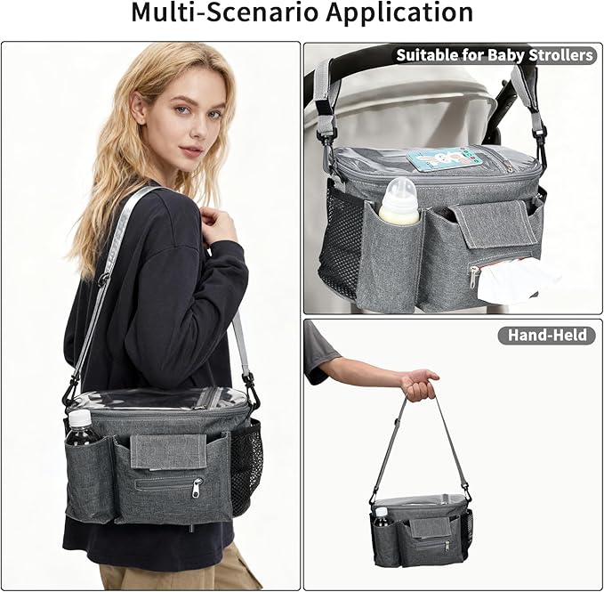 Smlper Stroller Organizer with Cup Holders, Adjustable Universal Organizer Caddy Bag - Phone Pocket & Detachable Strap for Baby Stroller and Pet Stroller (Grey)