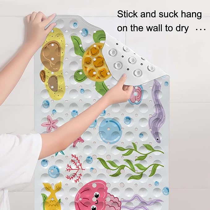 KINUUIS Bathtub Mats for Kids, Cartoon Bath Mats for Bathroom Non Slip, Large Washable Shower mats for Showers with Drain Holes and Suction Cups (Jellyfish, 40 X 16 Inch)