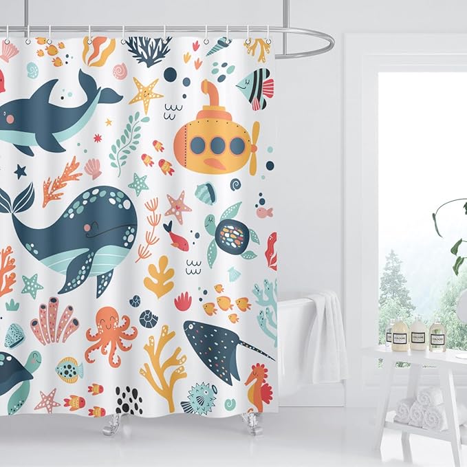Kids Cartoon Ocean Shower Curtain Cute Fish Sea Turtle Whale Dolphin Funny Underwater Submarine Animal Sea Life Children Home Bathroom Decor Waterproof Fabric 72Lx60W Inch with 12PCS Hooks
