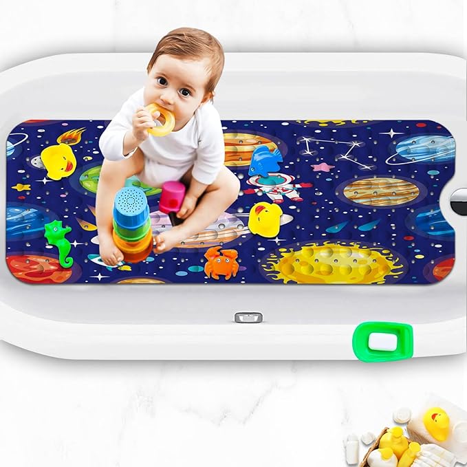 KINUUIS Bathtub Mats for Kids, Blue Outer Space Bath Mat for Tub Non Slip, 40 X 16 Inch Large Washable Bathtub Mat Non Slip for Showers with Drain Holes and Suction Cups