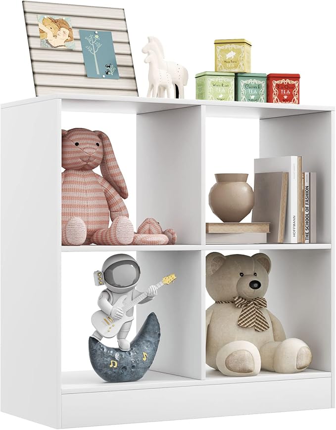 Costzon Toy Organizers and Storage, Wooden White 4-Cube Kids Bookcase for Books Toys Display Organization, Toddler Bookshelf for Bedroom, Living Room, Nursery, Playroom
