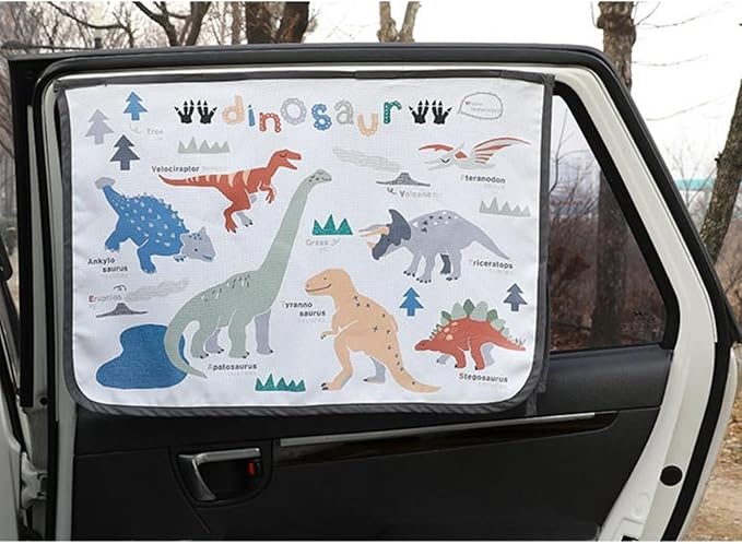 BEBEDECO Magnetic Car Sun Shade Curtain for Side Window – Sun Blocker and UV Protector for Baby, Kids, and Pets – Universal Fit with Built-in Magnets for Steel-Framed Door (Dinosaur)