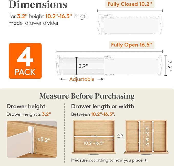 Lifewit 3.2" High 4 Pack Drawer Dividers, 10.2-16.5" Adjustable Dresser Drawer Divider, Expandable Drawer Organizers for Clothes, White Drawers Separators for Kitchen, Dresser, Bedroom, Bathroom