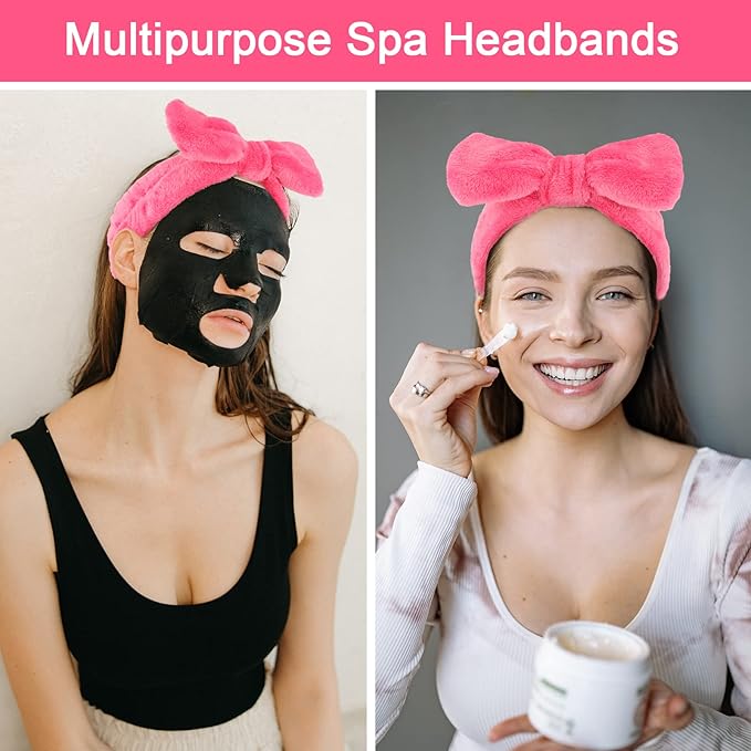 Ondder Spa Headband for Washing Face, Rose Red Terry Cloth with Cute Bow, Skincare Headbands for Women Girls, 8 Pack
