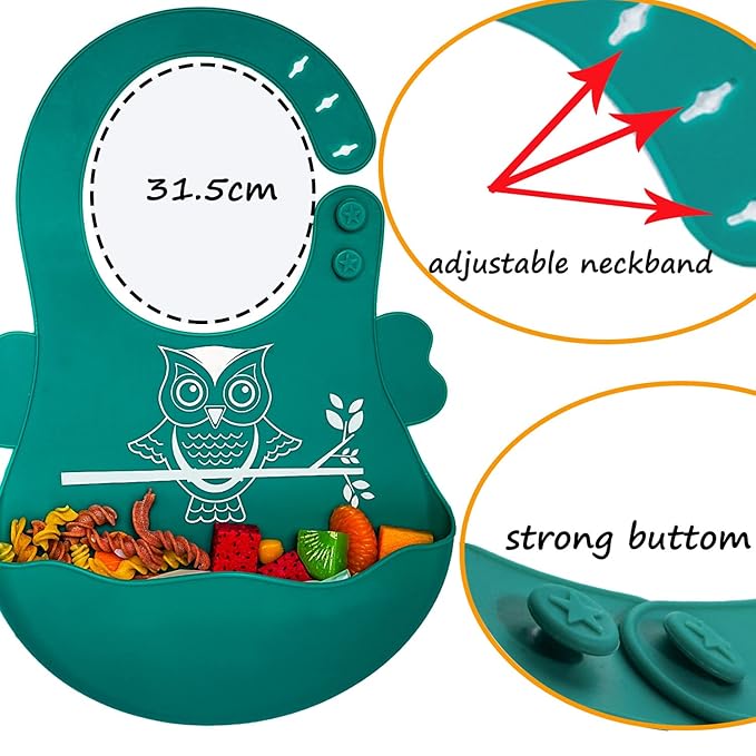 Baby Toddler Silicone Suction Plate with Spoon&Fork And Adjustable Bib Set,Silicone Baby Feeding Utensils Set，Baby Toddler Led Weaning Supplies Set-Blue Owl
