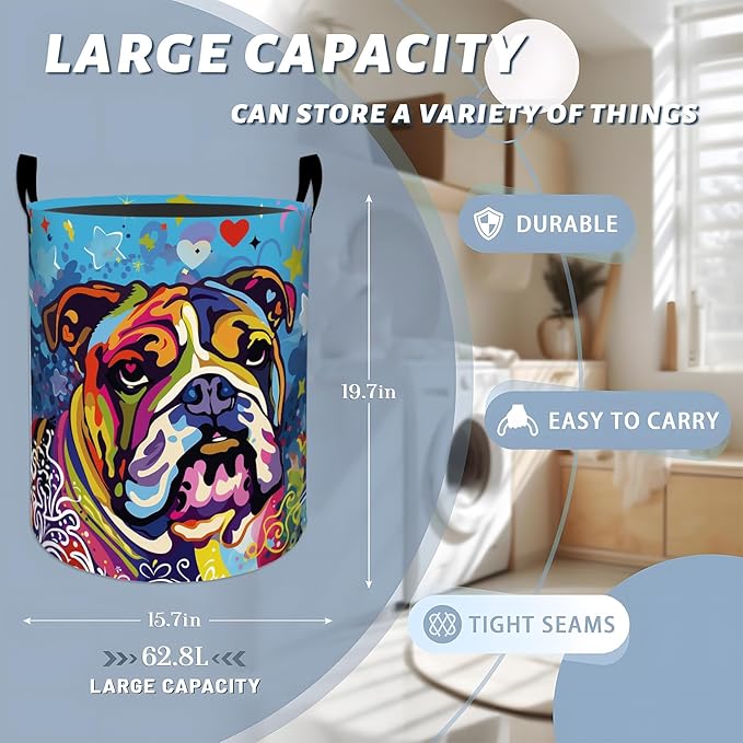 Colorful Bulldog Stars Hearts Laundry Basket with Handles, 19.7"x15.7" Clothes Foldable Laundry Hamper Organizer for Dorm Nursery Bedroom Bathroom Decor, Toy Storage Bin for Kids