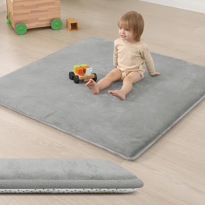 Baby Play Mat for Floor,1.3" Thick Memory Foam Tummy Time Mat,Soft Coral Velvet Nursery Rug,Extra Large Non Slip Crawling Mats for Living Room(Light Grey)