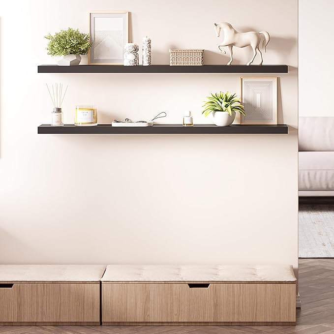 Ballucci Floating Shelves for Wall, 55 inch 2-Tier Black Shelf, Invisible Brackets, Wood Wall Shelf for Living Room, Bedroom, Kitchen Organizer, Clearing Clutter