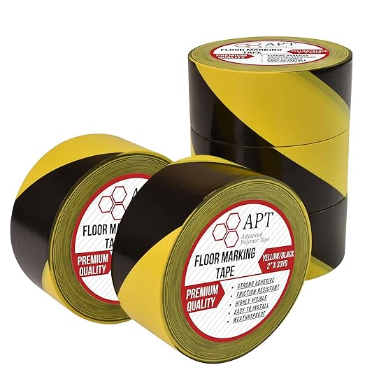 APT Premium Black and Yellow Striped Vinyl Floor Safety Marking Tape, Excellent for Hazard Caution& Warning, Social Distancing, Warehouse & Gym Floor (2 Inch, 5 Rolls, Yellow/Black)