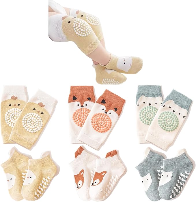 TFTSR Baby Knee Pads for Crawling (3 Pairs) and Baby Socks for Walking (3 Pairs), Walking Protector for Toddler Kid Girls Boy