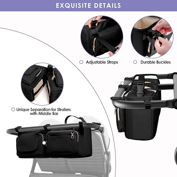 Double Stroller Organizer Compabitle with BOB Duallie and Baby Jogger City Mini GT2 Double Stroller, Double Parent Stroller Caddy Organizer with Cup Holder and Cooler Bag, Black(Empty Bag)