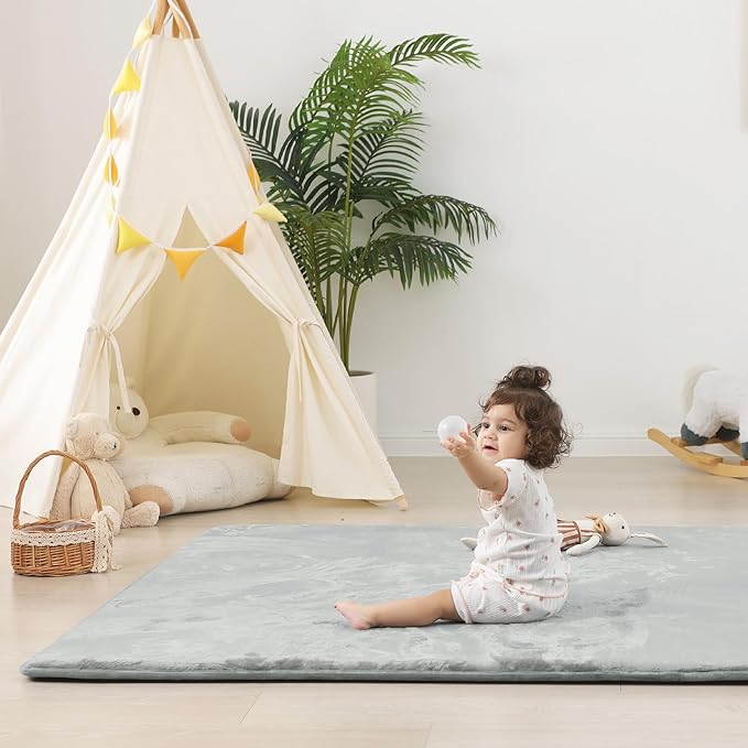 1.5" Thick Baby Play Mat for Floor, 79x79 Playpen Mat, Pro Soft Flannel Foam Mats Toddler Infant Kids Crawling for Nursery Rug Playroom Living Room Waterproof Easy Care Non-Slip (Light Grey)