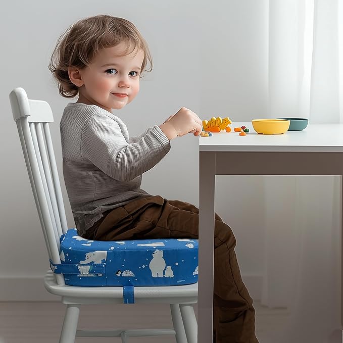 Toddler Booster Seat for Dining Table, Waterproof Kids Booster Seat for Kitchen Chair, High Density Foam Cushion with Non-Slip Bottom, Washable Cover & Adjustable Straps (Polar Bear)