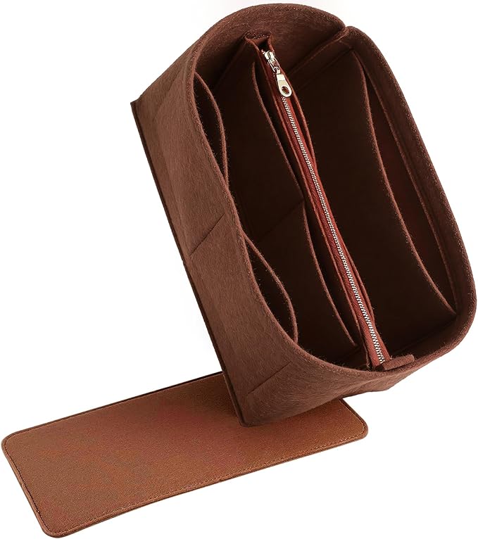 Doxo Large Felt Purse Organizer Insert - 10 Compartments with Removable Zipper | Bag Organizer Insert Fits LV Speedy 35, LV Neverfull GM & More for Women Handbag Tote Bag (Brown)