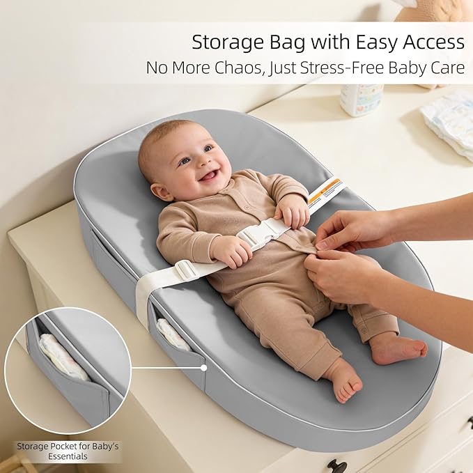 Baby Changing Pad, Waterproof Vegan Leather Wipeable Diaper Changing Pad with Safety Strap Non-Slip Changing Mat for Dresser & Table