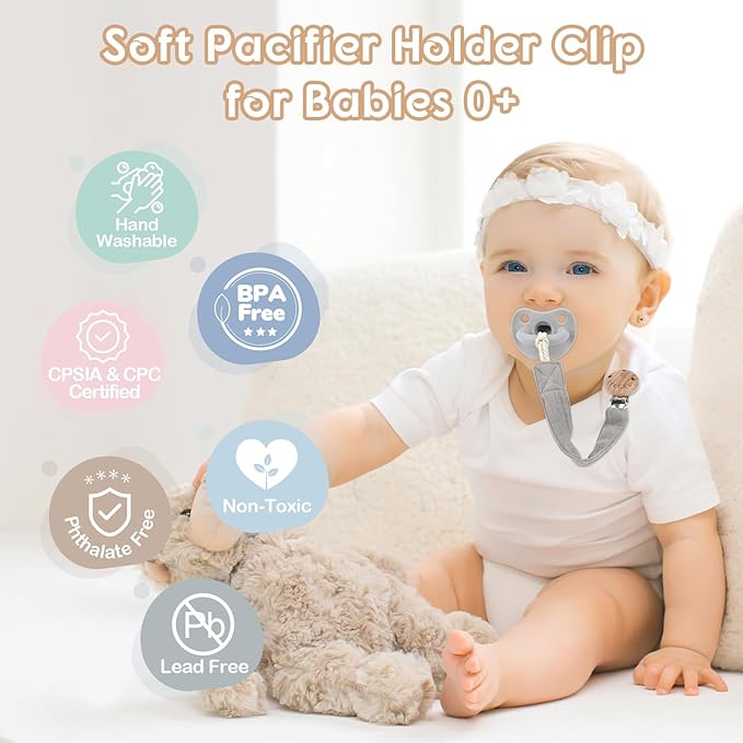 TYRY.HU Ribbon Pacifier Clip Holder,2 Pack Binky Paci Holder Clips, Pacifier Leash for Baby Boys and Girls, Soft Webbing Strap Universal Fits for Most Pacifier, Styles & Teethers Toys(Khaki,Grey)