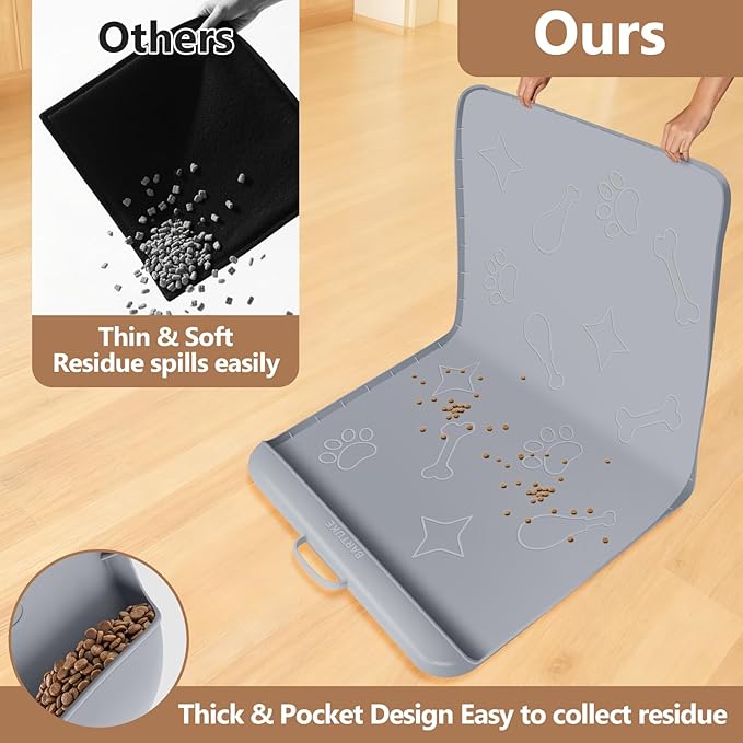 Bartuke Dog Food Mat with Collection Pocket, 42''x28'' Extra Large Silicone Pet Feeding Mat for Food and Water, Waterproof Anti-Slip Dog Mat with Edge and Handle, Pet Placement for Floor(Light Grey)