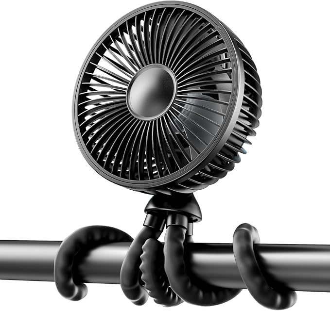 Gaiatop Baby Stroller Fan, 4000mAh Oscillating Mini Portable Fan with Light, 4 Speeds Battery Operated Small Handheld Desk Fan, 360° Rotate Flexible Tripod Clip On Fan for Car Seat Crib Travel Black