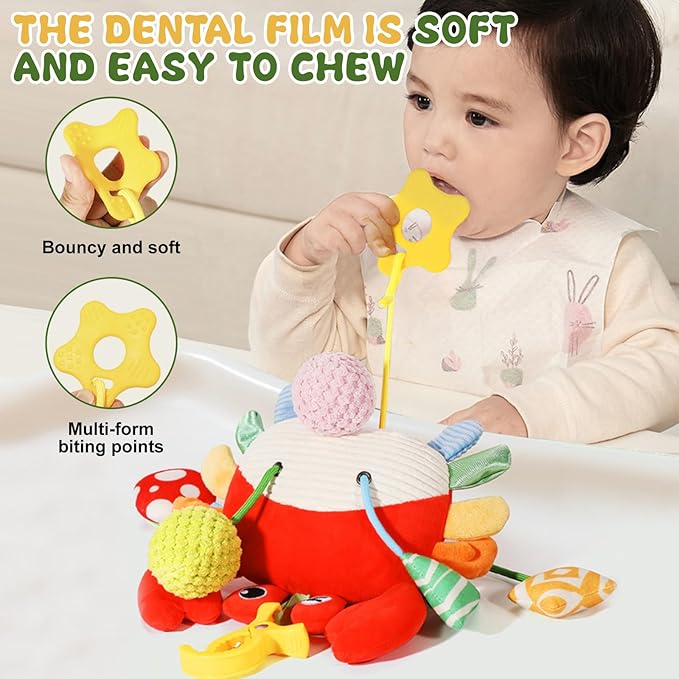 Crab Baby Toy - Clip-On Hanging Sensory Toy for Car Seat, Stroller, Gym with Squeaker, Crinkle, Rattle, Mirror & Teether | Soft Plush 18 Months Infant Developmental Toy for Tummy Time (Red)