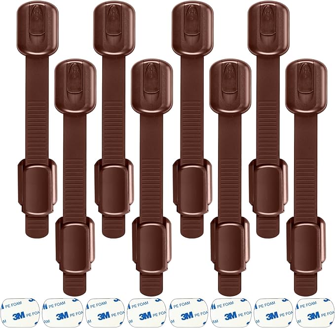 Child Proofing Safety Locks - 8 Pcs Baby Proof Lock with 8 Extra 3M Adhesives -Adjustable Flexible Strap Latches to Cabinet, Cupboard, Drawer, Fridge, Toilet-Seat, Oven, Closet Seat, Door,Window-Brown