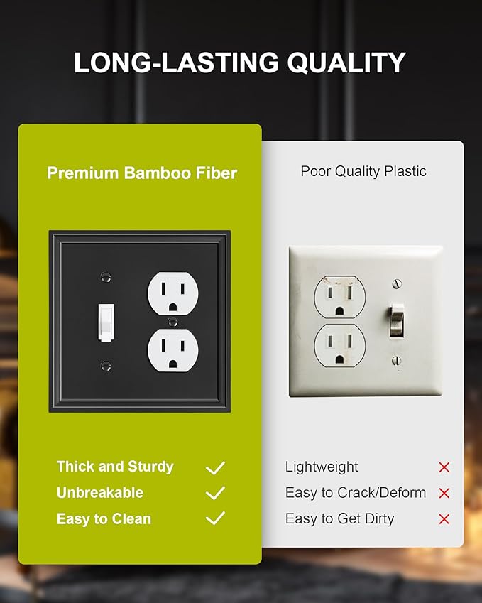 2-Pack Combo Toggle/Duplex Light Switch Cover Plate, Black Wall Outlet Cover Plate, Natural Bamboo Fiber Decorative Wall Receptacle Cover for Electrical Outlets, Light Switch