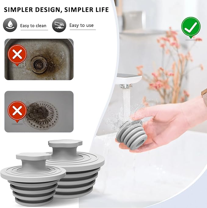 Bathtub Drain Stopper - 2 Pack Silicone Universal Shower Drain Cover, Tub Stopper Bathtub Drain for Bathroom, Tub, and Shower Drain - Easy Install Shower Drain (Gray)