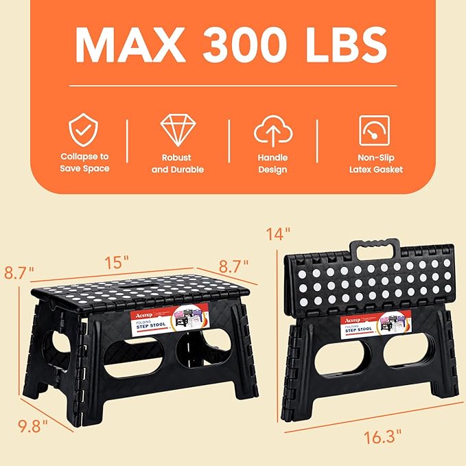ACSTEP Foldable Step Stool for Kids and Adults,15-Inch Extra Wide 9-Inch Height (2 Pack) More Safe and Comfortable Holds Up to 300 lbs Folding Step Stool for Bathroom, Garden, Kitchen（Black）