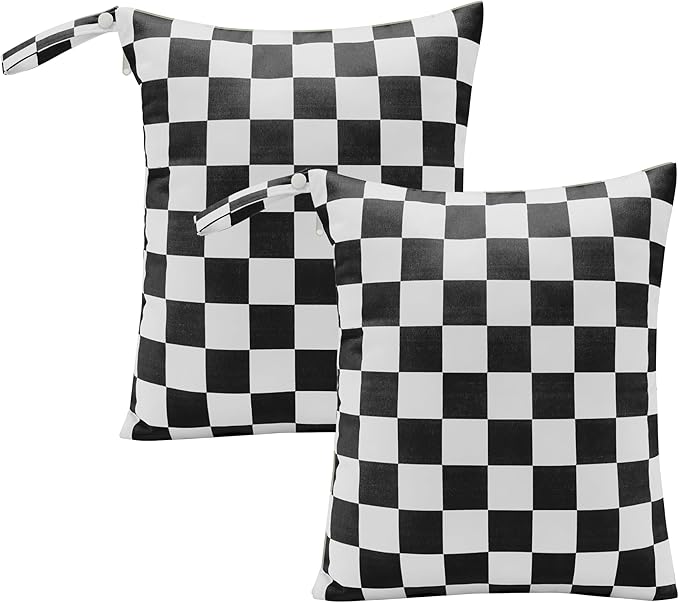 Ohocut Black Checkered Waterproof Wet Dy Diaper Bag for Baby Essentials, Travel, Swimsuit, Beach Bag Accessories, Aesthetic Trendy Cute Toddler Baby Cloth Bag Pouch, Pack of 2