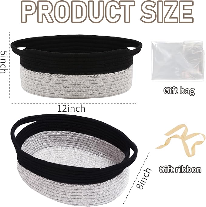 JMvicyroam Woven Basket,Small Rope Storage Bin with Handles & Ribbon Bag, Organizer for Shelves Closets,Gift Basket Empty for Birthday,Books,Dog Toys, Black&Grey/3 Pack