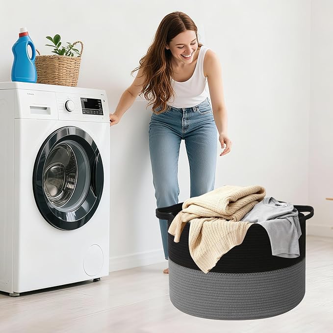 Large Storage Basket with Handle,19.7"x 19.7"x 13" Blanket Basket Storage Bins for Organizing,65L Cotton Rope Woven Baskets for Living Room, Nursery,Bedroom,Black&Dark Grey