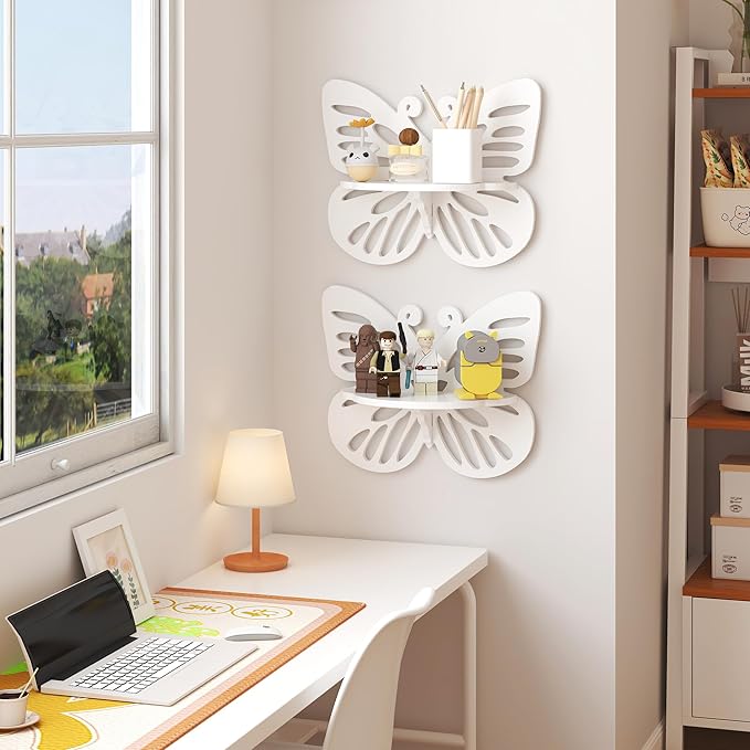 Beskadi White Butterfly Shelves 2 Tier - Nursery Wall Deor Floating Shelf, Cute Wall Display Rack for Kid’s Room, Small Decorative Shelf Wall Mounted, Hanging Wall Shelf for Toys, Plants Storage.