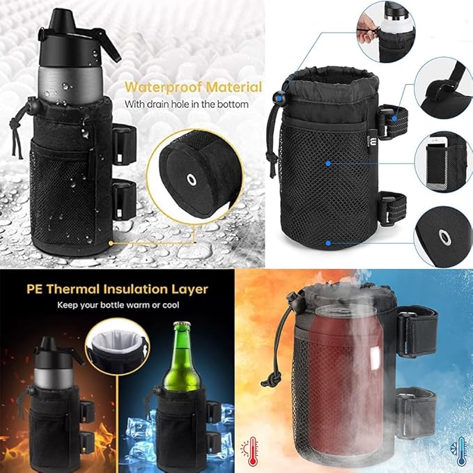 [2 Pack] Cup Holder for Bike,Scooter and Wheelchair,Water Bottle Holder for Walker,Golf Cart and Beach,Universal Drink Holder Accessories with Net Pocket and Cord Lock
