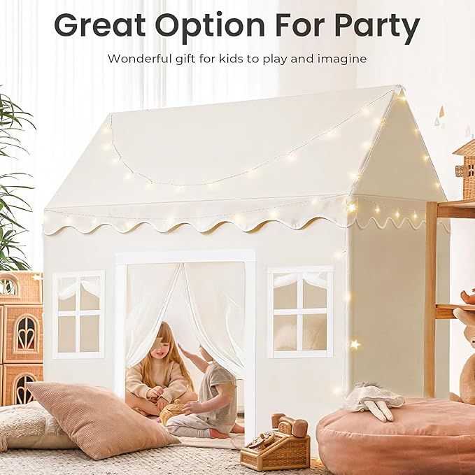Tiny Land Play Tent with Padded Mat & LED Lights, Kids Tent, Playhouse for Kids, Indoor Bed Tent for Toddler, Toys for 3,4,5,6-Year-Old Girls, Neutral Color Play Room Furniture