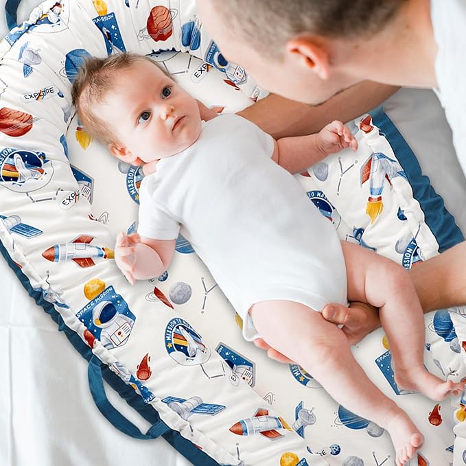 Jundetye Baby Lounger Cover for Boys Girls, Reversible Baby Nest Cover, Adjustable Baby Lounger Replaceable Cover for Infant Newborn, Portable and Machine Washable, Cotton Blue Rocket Cover Only