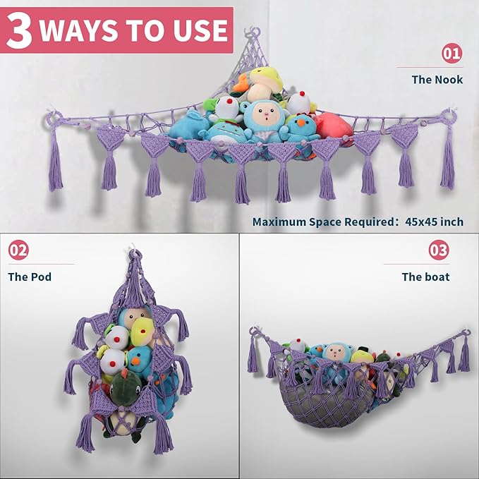 Stuffed Animal Hammock Corner - 56'' Jumbo Handcrafted 5mm Double Macrame Cord Stuffed Animal Net - 100% Natural Cotton Toy Hammock Plushies Storage - Purple Stuffy Plushie Net w/LED Star Light