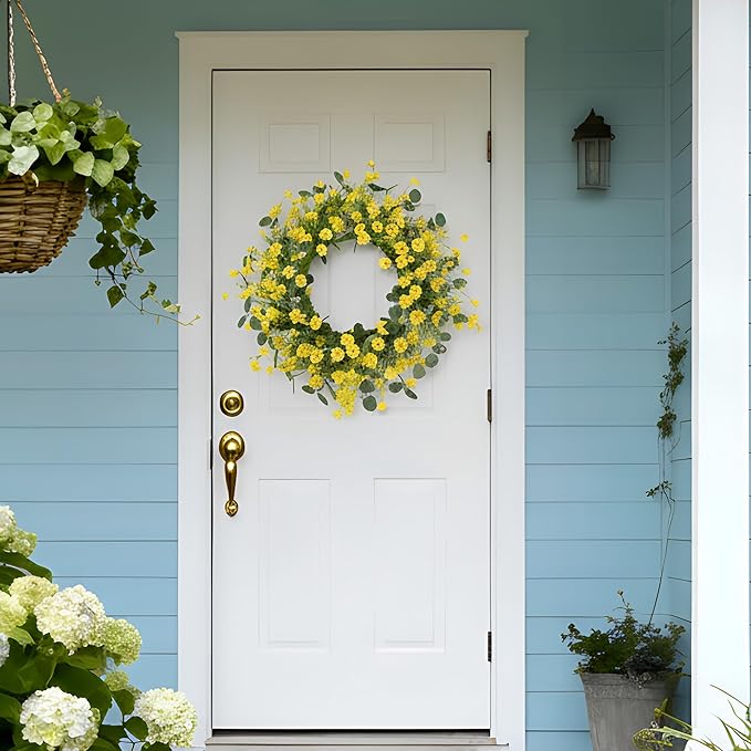 Pinkpum 22" Daisy Eucalyptus Wreath for Front Door, Artificial Spring Summer Floral Wreath for Front Door, Home Farmhouse Wedding Wall Window Decor