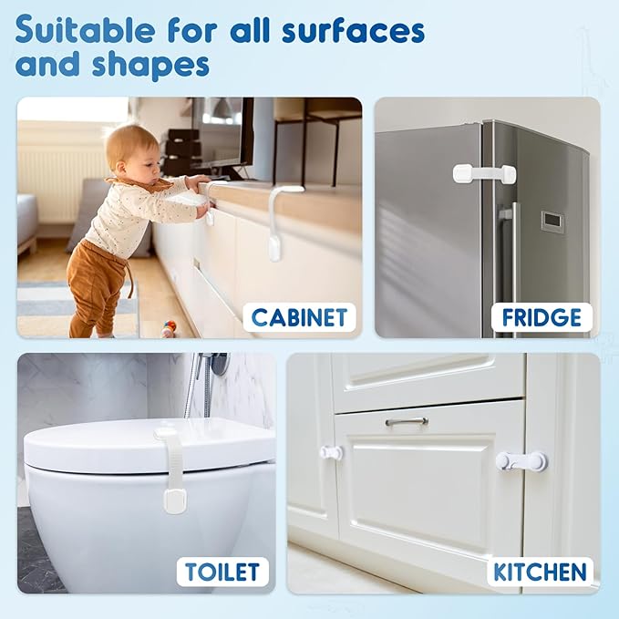 8 Pack Cabinet Locks Baby Proofing, Child Proof Cabinet Locks with Strong Adhesive Child Safety Locks for Doors No Drilling, Cabinet Locks for Babies- White