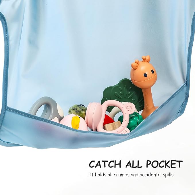 4 Pack Long Sleeve Bib, Reusable Bib with Catch-all Pocket
