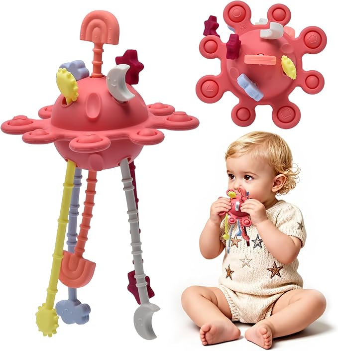 Little Rawr Silicone Baby Sensory Montessori Toys & Pull String Toys for 18 M+, Toddler Birthday Gift Car Seat Airplane Travel Toy for 1 2 Year Old Boy Girl Infant 18+ Months Old (Red)