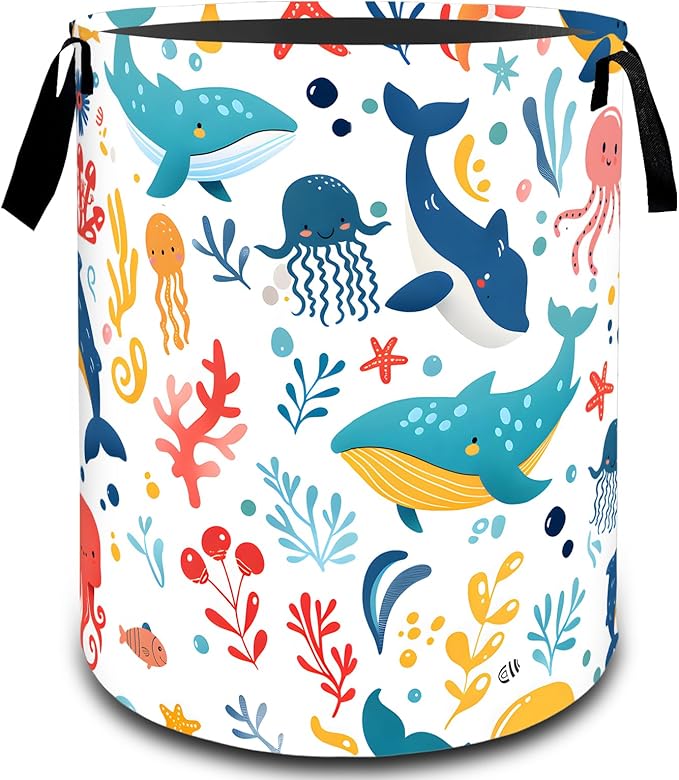 VODRM Ocean Whale Dolphin Octopus Laundry Basket, Dirty Collapsible Clothes Toy Organizer Hamper for Kids Adults, Oxford Cloth Waterproof Storage Bin for Bathroom Coastal Decor Gifts, 19.7"X15.7"