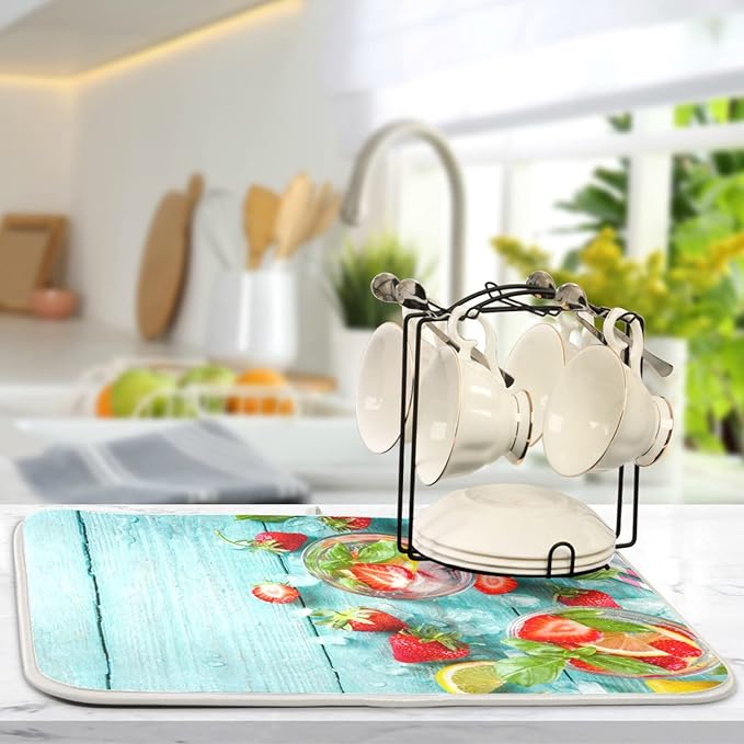 Absorbent Dish Drying Mat for Kitchen Counter - Strawberry Blue Wooden Microfiber Drying Pad, Reversible Drainer Mats for Countertop, Small 16" x 18"