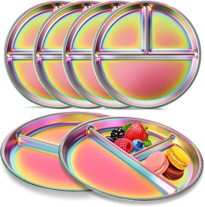 Bakpoco 9" Stainless Steel Toddler Plates Set of 6, Divided Plate for Kids & Baby, Non Toxic Unbreakable Dishes Dinnerware Adults Portion Control Snack Container, Colorful Meal Time Chums