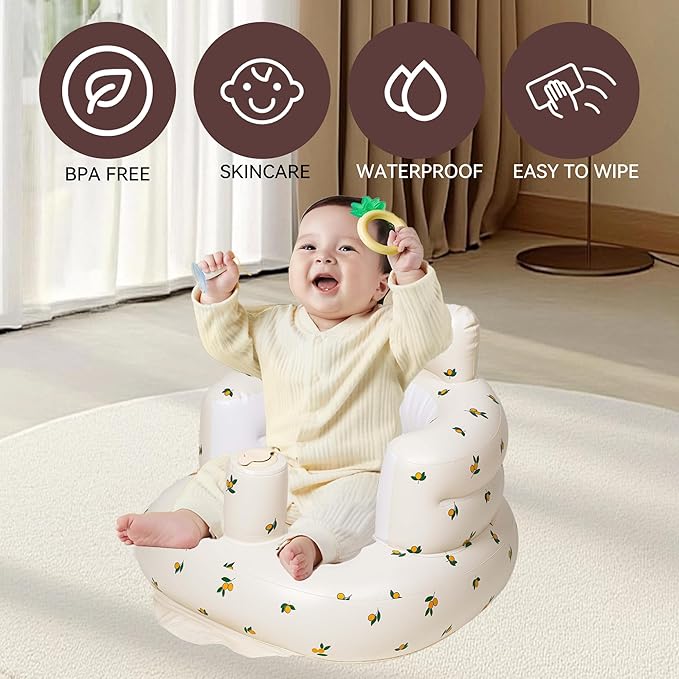 Inflatable Baby Seat Blow up Chair Inflatable Infant Chair for Babies 3-36 Months Learn to Sit up Floor Seat Bliss Built in Air Pump Olive Flower