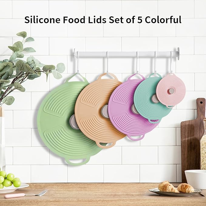 MIWOGA 5 Pack Silicone Lids for Bowl, Microwave Splatter Cover, 5 Sizes Reusable Heat Resistant Suction Lids Fits, Bowls, Plates, Pots, Pans, Skillets, Stove Top, Cups, Oven, Fridge Dishwasher Safe