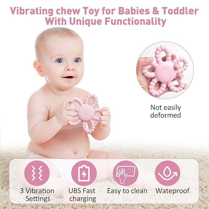 Vibrating Teether for Baby, Silicone Sensory Chew Toys for Autistic Children & Teething Toy for Babies 6-12 8-18 Month, USB Chargeable &3X Vibration Travel Essential Gift for Kid with Autism Toddler