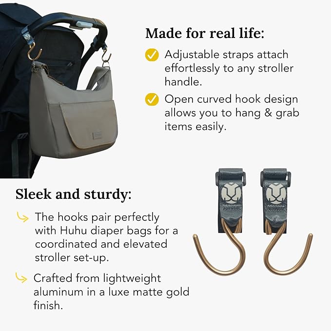 Huhu Essential Stroller Hooks - Lightweight Aluminum Stroller Bag Hook with Adjustable Straps, Matte Gold S-Hooks for Diaper Bag, Shopping, Everyday Essentials – Universal Fit Baby Stroller Accessory