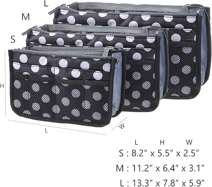 Vercord Purse Organizer Insert for Handbags Bag Organizers Inside Tote Pocketbook Women Nurse Nylon 13 Pockets Black Dots Large