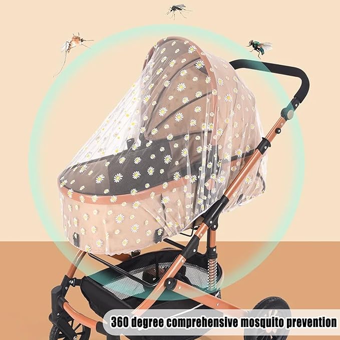 BQSAZHYJ Mosquito Net for Baby Pram, Daisy Print Stroller Netting Cover - Perfect Bug Net for Strollers, Bassinets, Mini Crib, Cradles and Playards (White Daisy)